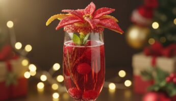 A beautifully decorated holiday-inspired red beverage in a tall glass with a poinsettia-shaped garnish, surrounded by Christmas lights and gifts, creating a warm festive atmosphere.