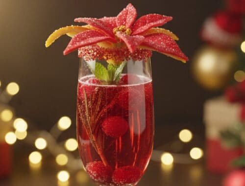 A beautifully decorated holiday-inspired red beverage in a tall glass with a poinsettia-shaped garnish, surrounded by Christmas lights and gifts, creating a warm festive atmosphere.