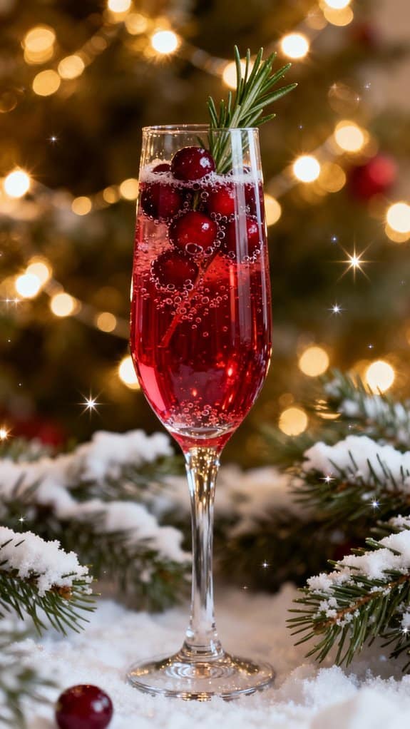 A festive glass of cranberry-flavored sparkling beverage garnished with fresh cranberries and rosemary, set against a Christmas tree backdrop with snow-covered pine branches. Perfect for holiday celebrations or special occasions.