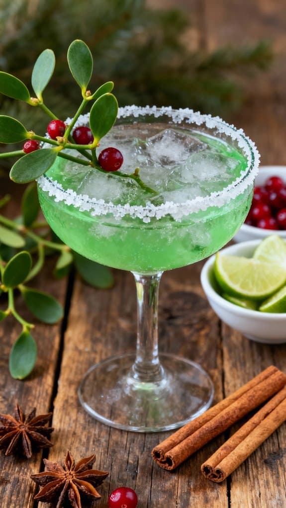 Viral Mistletoe Margarita Recipe (Tiktok Favorite) 2 Bright green cocktail garnished with red berries and mint, served in a salted rim glass with ice. Surrounded by cinnamon sticks, star anise, lime wedges, and cranberries on a rustic wooden surface.