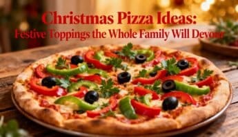 Vibrant holiday pizza topped with red and green peppers, black olives, and fresh herbs for a festive meal. Perfect for sharing with family during Christmas celebrations.
