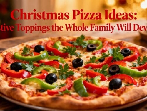 Vibrant holiday pizza topped with red and green peppers, black olives, and fresh herbs for a festive meal. Perfect for sharing with family during Christmas celebrations.