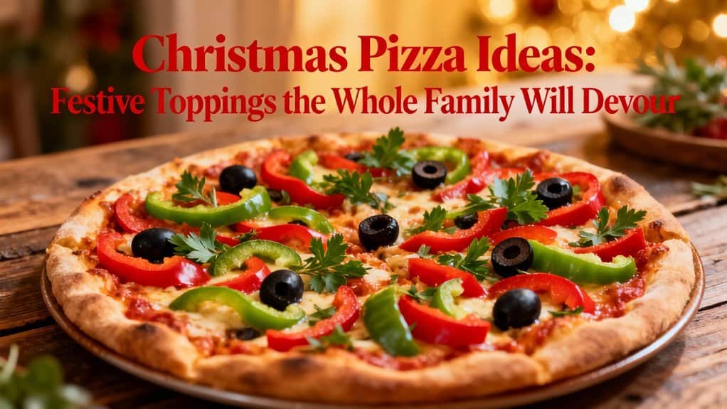 Vibrant holiday pizza topped with red and green peppers, black olives, and fresh herbs for a festive meal. Perfect for sharing with family during Christmas celebrations.
