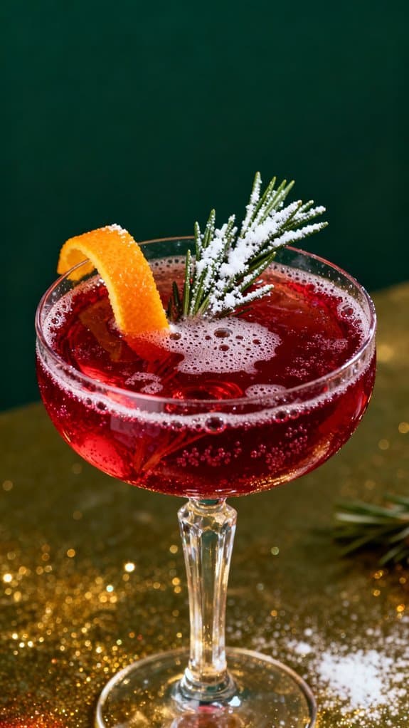 A vibrant red holiday cocktail garnished with an orange peel and frosted greenery, served in an elegant glass. Perfect for celebrations, blending flavor and festive cheer in every sip.
