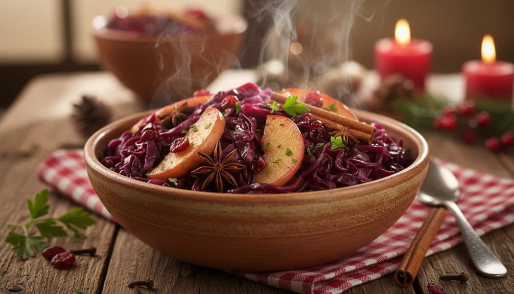 Steam rises from a bowl of warm, seasoned red cabbage with apples and spices, evoking comfort and festive flavors perfect for colder weather.