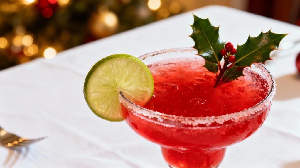 A vibrant red holiday cocktail garnished with a lime slice and holly leaves, served in a salted rim glass on a white tablecloth, perfect for celebrating the season.