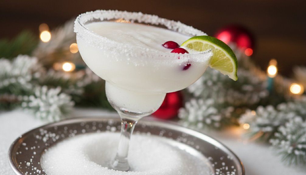 White Christmas Margarita Recipe (Coconut-Cranberry) 2 festive sugared cocktail rim preparation