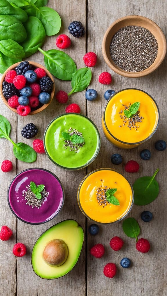 Fresh berry smoothies with chia seeds and healthy ingredients on a rustic wooden table.