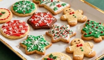 Delicious holiday cookies featuring Christmas-themed designs with icing, sprinkles, and festive decorations, perfect for holiday gatherings and seasonal treats.