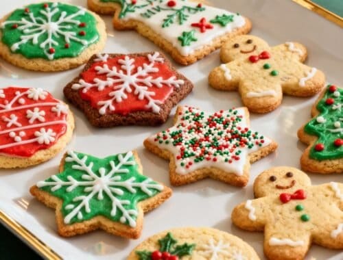 Delicious holiday cookies featuring Christmas-themed designs with icing, sprinkles, and festive decorations, perfect for holiday gatherings and seasonal treats.