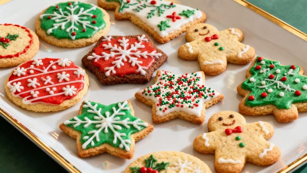 Delicious holiday cookies featuring Christmas-themed designs with icing, sprinkles, and festive decorations, perfect for holiday gatherings and seasonal treats.