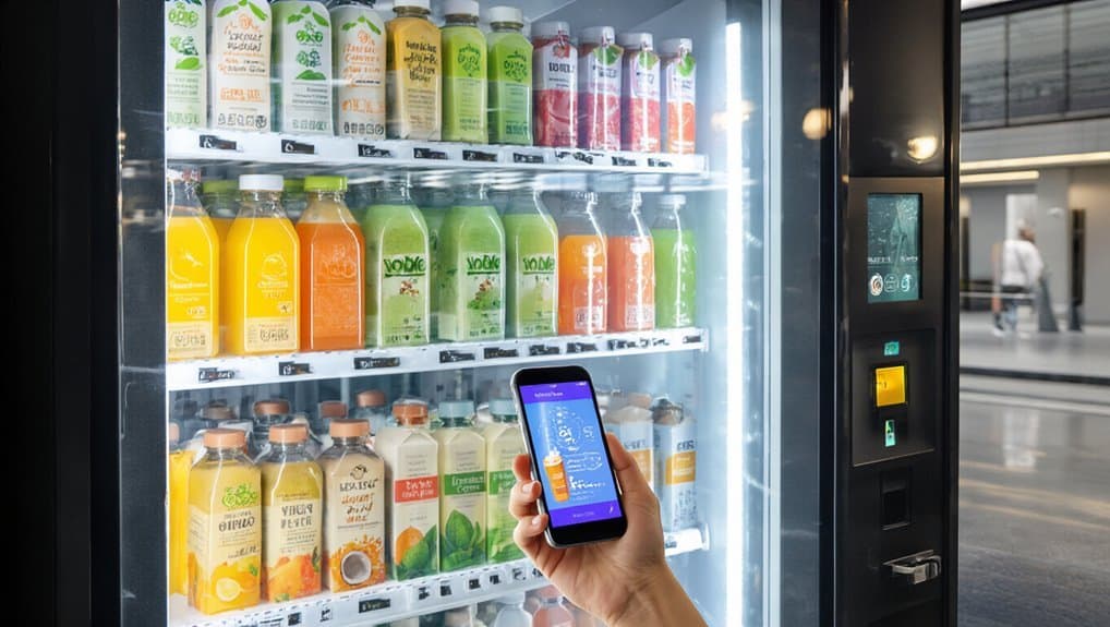 Healthy Drink Vending Machine Smart Choices When You are On the Go 3 Drink vending machine with healthy juice options, person using smartphone to select beverages.
