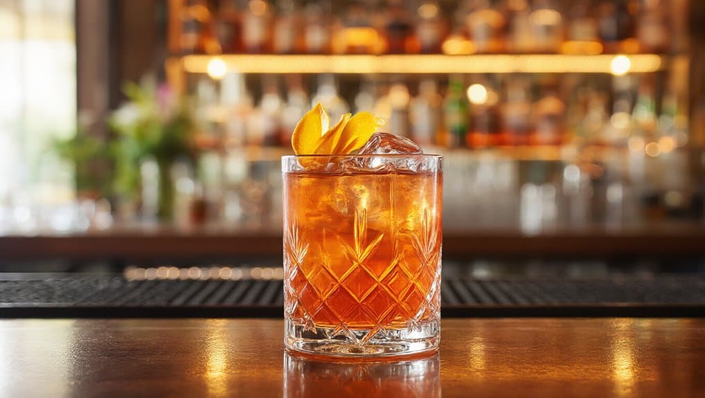 Rich amber cocktail with orange garnish on a wooden bar counter, featuring a blurred bar background.