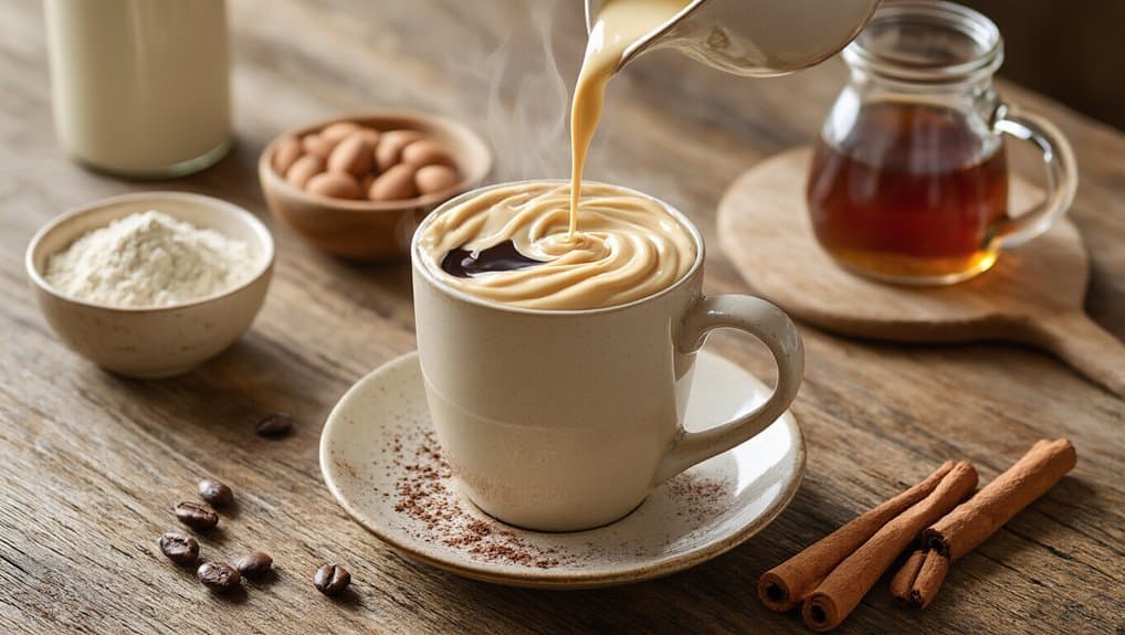Coffee with whipped cream and cinnamon on rustic wood table, healthy beverage alternative, nutritious drinks, health-conscious coffee options, wellness and fitness lifestyle.
