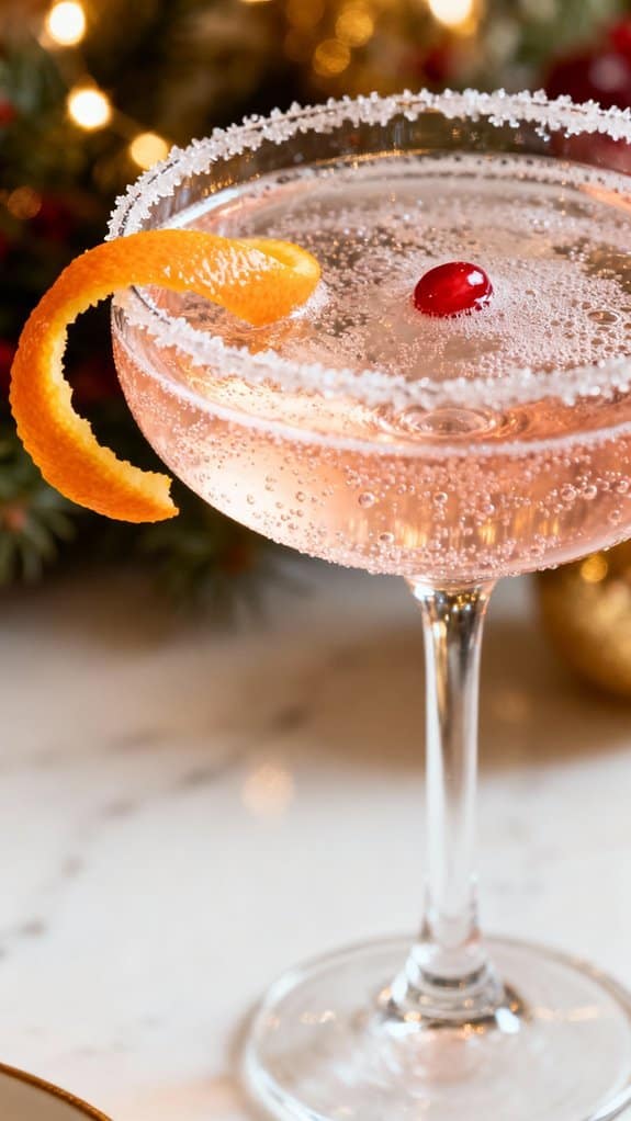 A sparkling pink champagne cocktail garnished with an orange twist and a cherry, perfect for holiday celebrations and special occasions.