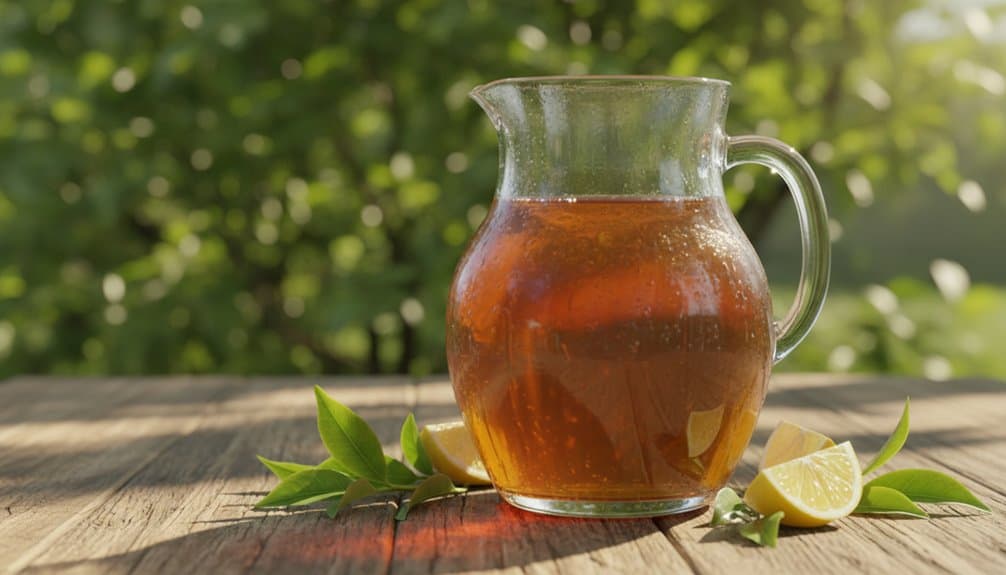 A glass pitcher filled with iced tea, garnished with lemon slices and fresh green leaves, sitting outdoors on a wooden surface with sunlight and lush greenery in the background.