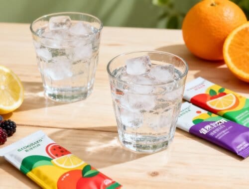 Refreshing fruit-flavored iced water with lemon, orange, and mixed berries, colorful electrolyte packets on wooden table.