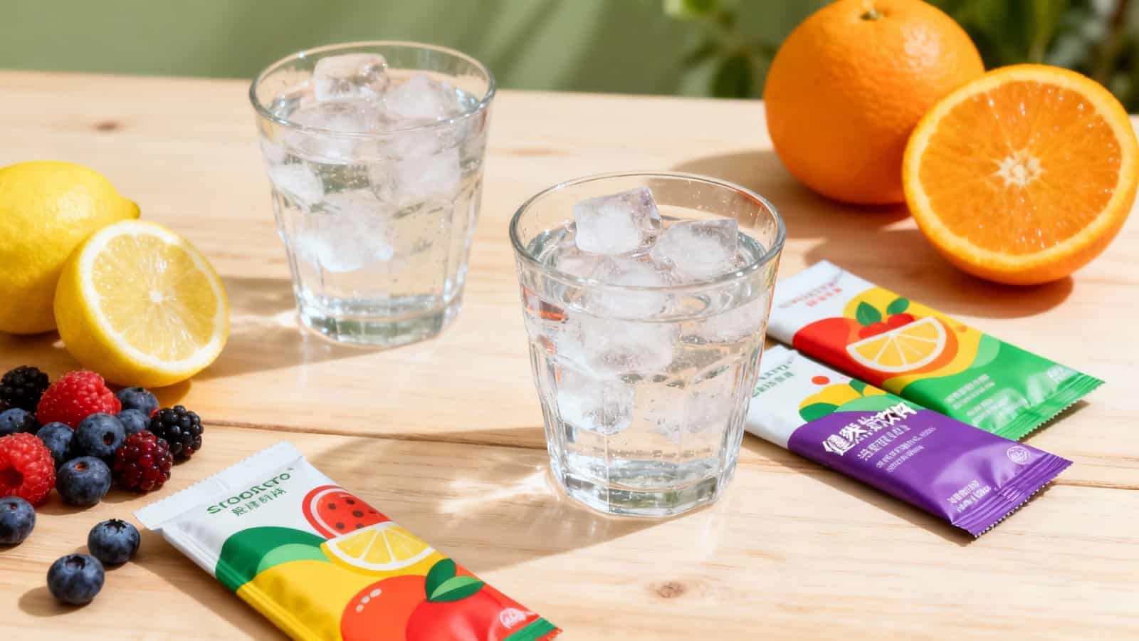 Refreshing fruit-flavored iced water with lemon, orange, and mixed berries, colorful electrolyte packets on wooden table.