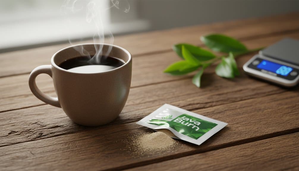 An image showcasing a steaming cup of coffee with Java Burn supplement, a digital scale, and greenery, emphasizing healthy weight management and metabolism support.