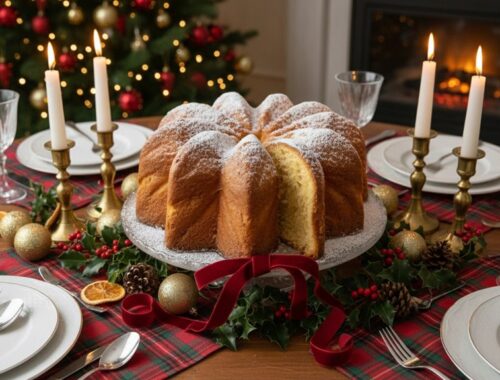 Delicious Christmas cake on a holiday table with candles, ornaments, and holiday décor, perfect for celebrating Christmas with family and friends.