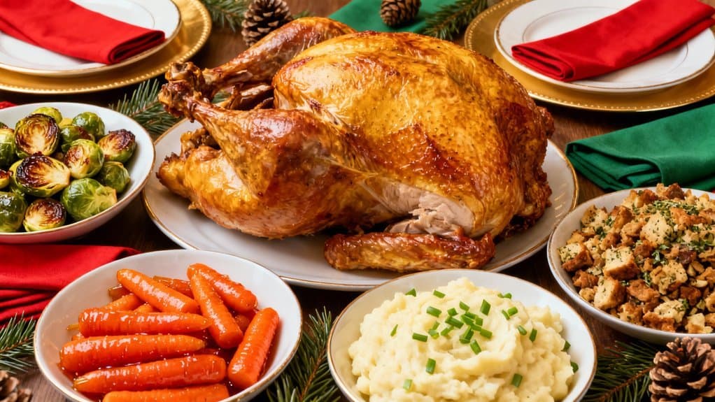 A delicious roasted turkey served with mashed potatoes, carrots, Brussels sprouts, stuffing, and cranberry sauce, ideal for holiday celebrations.
