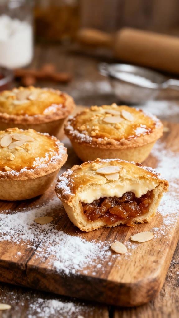 A close-up of freshly baked fruit mince pies on a rustic wooden board with powdered sugar and almond slices, perfect for holiday desserts.