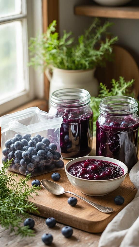Delicious Huckleberry Recipes You’ll Want to Try 5 Fresh blueberries and blueberry jam in jars on a wooden surface with natural light.