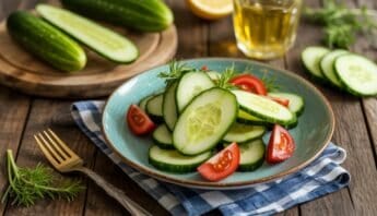 Crisp cucumber slices garnished with fresh herbs and cherry tomato wedges on a teal plate, with whole cucumbers, olive oil, and herbs in the background on a rustic wooden table.