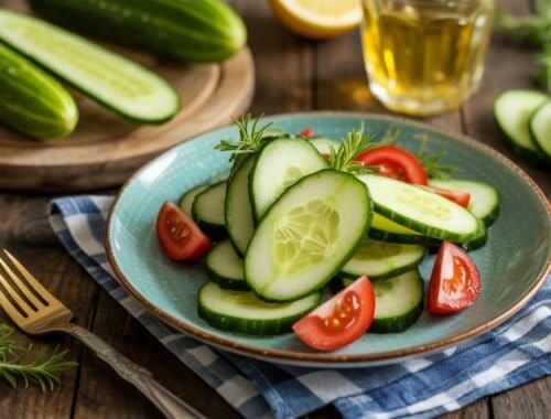 Crisp cucumber slices garnished with fresh herbs and cherry tomato wedges on a teal plate, with whole cucumbers, olive oil, and herbs in the background on a rustic wooden table.