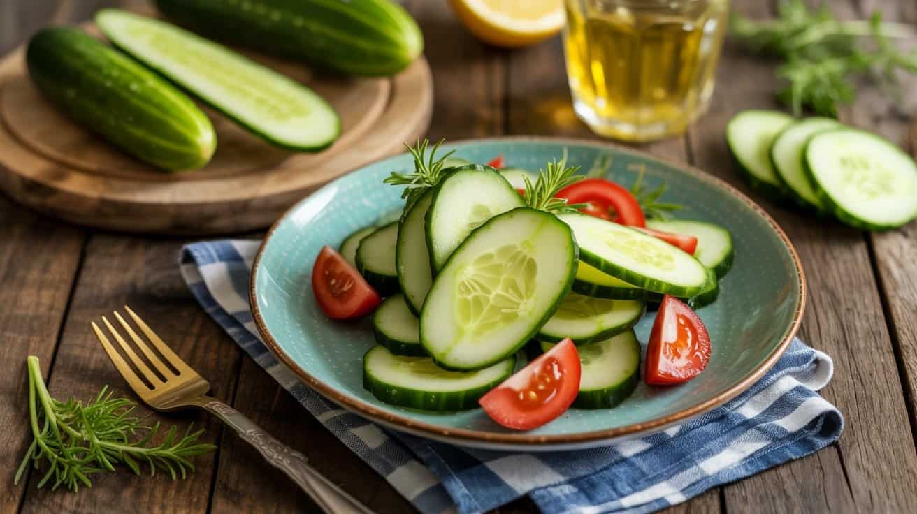 Crisp cucumber slices garnished with fresh herbs and cherry tomato wedges on a teal plate, with whole cucumbers, olive oil, and herbs in the background on a rustic wooden table.