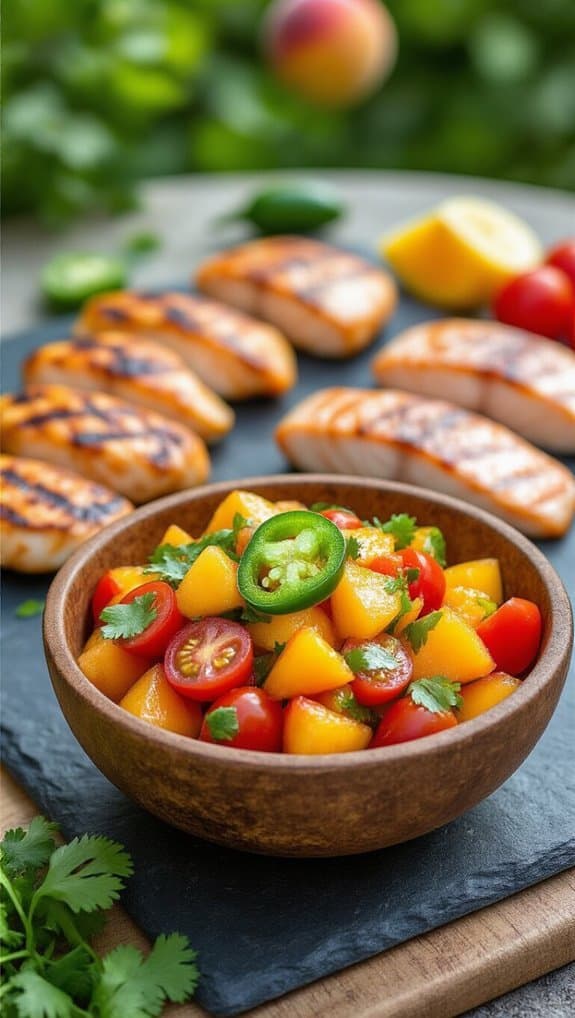 Fresh fruit salad with cherry tomatoes, mango, and jalapeño slices, served in a wooden bowl for healthy eating. Grilled chicken breasts visible in the background, perfect for nutritious meal options.