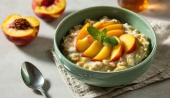 Fresh peach slices over creamy oatmeal with a mint garnish, served in a green bowl for a nutritious breakfast option.