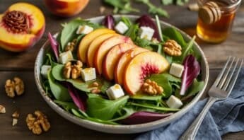 Homemade Peach Salad Recipes You Can Try Today 11 Fresh peach slices and mixed greens salad topped with feta cheese and walnuts, drizzled with honey, served on a rustic wooden table for a healthy, nutritious meal.