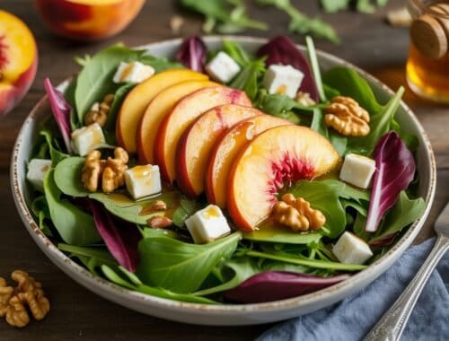 Fresh peach slices and mixed greens salad topped with feta cheese and walnuts, drizzled with honey, served on a rustic wooden table for a healthy, nutritious meal.