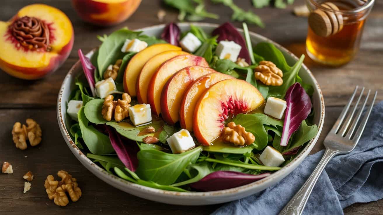 Fresh peach slices and mixed greens salad topped with feta cheese and walnuts, drizzled with honey, served on a rustic wooden table for a healthy, nutritious meal.