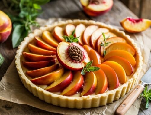 Fresh peach tart with vibrant fruit slices arranged in a circular pattern, garnished with mint leaves and a decorative walnut, on a rustic wooden surface for healthy snack inspiration.