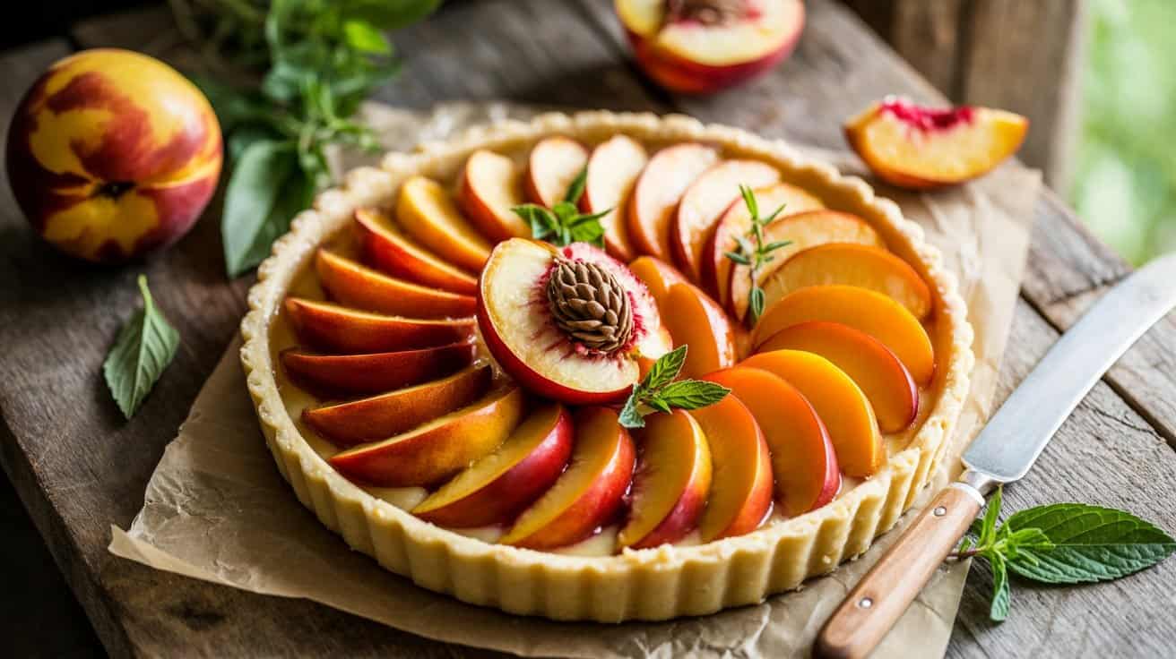 Fresh peach tart with vibrant fruit slices arranged in a circular pattern, garnished with mint leaves and a decorative walnut, on a rustic wooden surface for healthy snack inspiration.