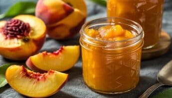 Homemade Peach Jam recipe 11 Sweet peach jam with fresh peaches and a rustic background, promoting healthy eating and homemade preserves.