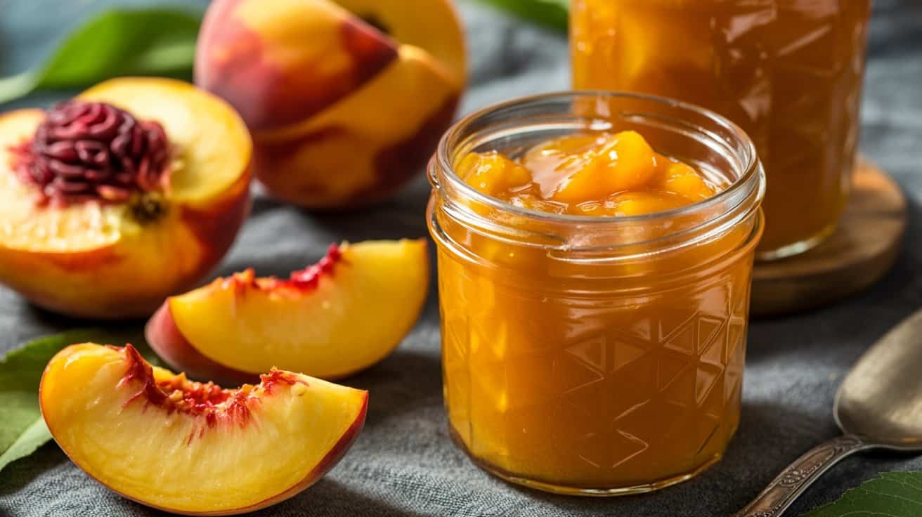 Sweet peach jam with fresh peaches and a rustic background, promoting healthy eating and homemade preserves.