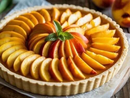Fresh peach and nectarine tart garnished with mint, featuring vibrant, colorful slices arranged in a circular pattern on a rustic wooden table. Perfect for healthy snacks or dessert options.