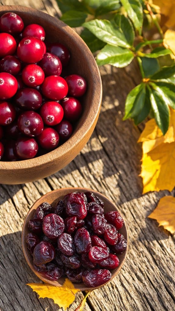 Delicious Fall Season Fruits You Must Try This Year 3 Fresh cranberries in wooden bowls on a rustic wooden surface, with autumn leaves surrounding them. Perfect for a healthy diet, antioxidants, and seasonal recipes.
