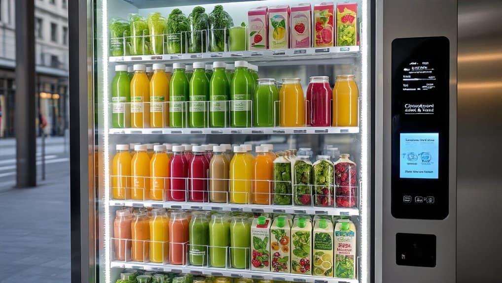 Healthy Drink Vending Machine Smart Choices When You are On the Go 2 Freshly bottled fruit and vegetable juices in a vending machine.