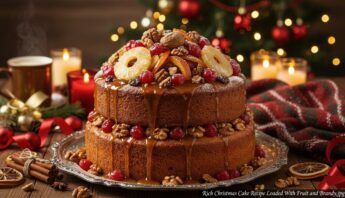 Christmas cake decorated with fruit, nuts, and caramel glaze, set on a festive table with candles, cinnamon sticks, and Christmas ornaments. A delightful holiday dessert for special occasions.