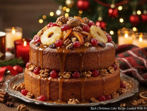 Christmas cake decorated with fruit, nuts, and caramel glaze, set on a festive table with candles, cinnamon sticks, and Christmas ornaments. A delightful holiday dessert for special occasions.