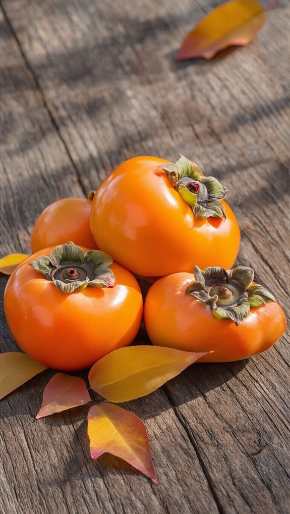 Delicious Fall Season Fruits You Must Try This Year 2 Fresh orange persimmons arranged on a rustic wooden surface with autumn leaves, highlighting healthy fruit options for balanced nutrition and wellness.