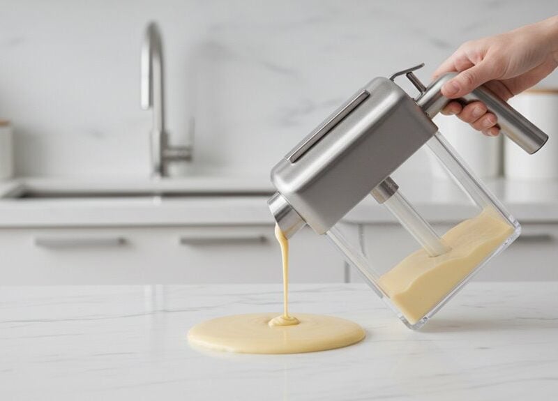 A modern kitchen with a hands using a cream dispenser over a marble countertop, dispensing creamy batter or sauce. Minimalist white kitchen with appliances and decor in the background.