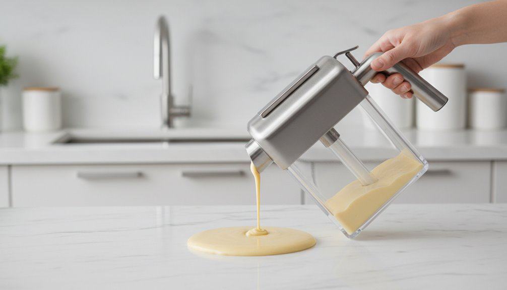 A modern kitchen with a hands using a cream dispenser over a marble countertop, dispensing creamy batter or sauce. Minimalist white kitchen with appliances and decor in the background.