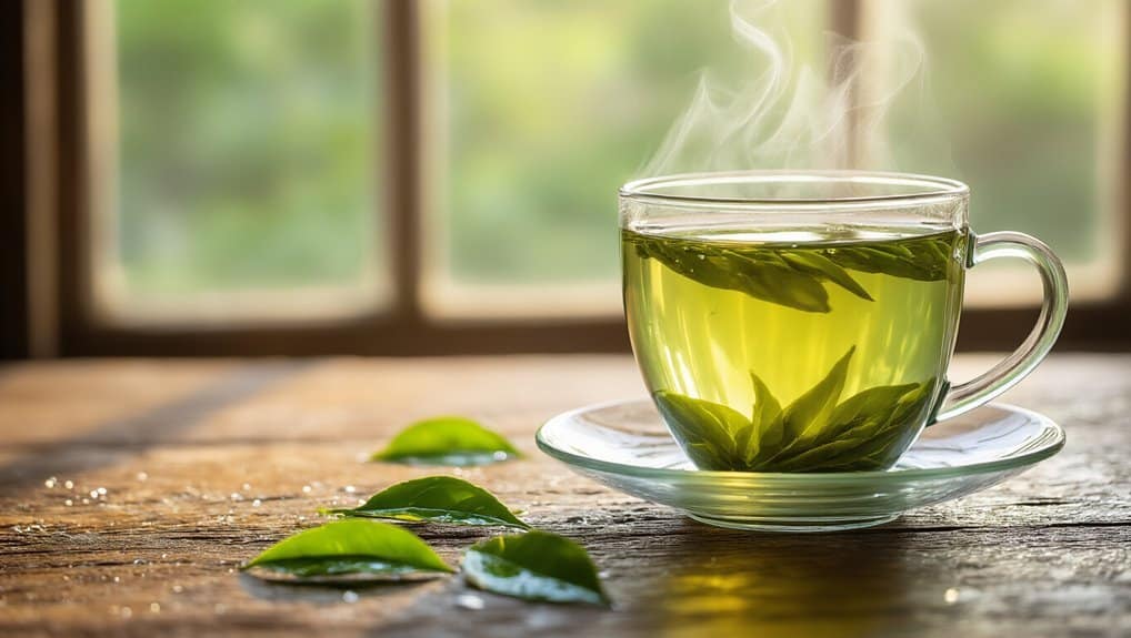 Steaming cup of green tea with fresh tea leaves on a rustic wooden table, showcasing a healthy beverage option for wellness.