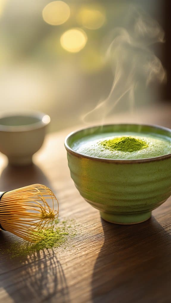 Matcha tea in a green bowl with a bamboo whisk on a wooden surface, steam rising, with natural sunlight creating a warm, calming atmosphere for health and wellness.