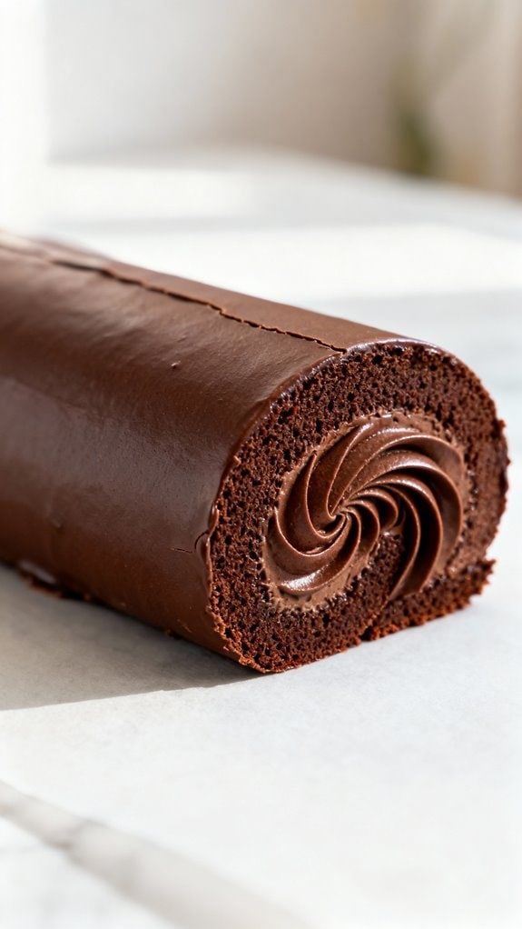 A close-up of a delicious chocolate Swiss roll cake showcasing its moist sponge and creamy filling, ideal for satisfying sweet cravings.